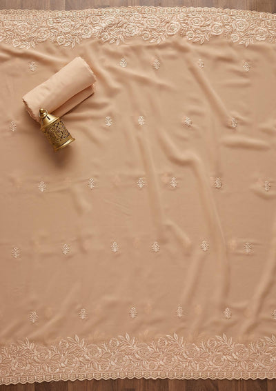Peach Threadwork Georgette  Unstitched Salwar Suit - Koskii
