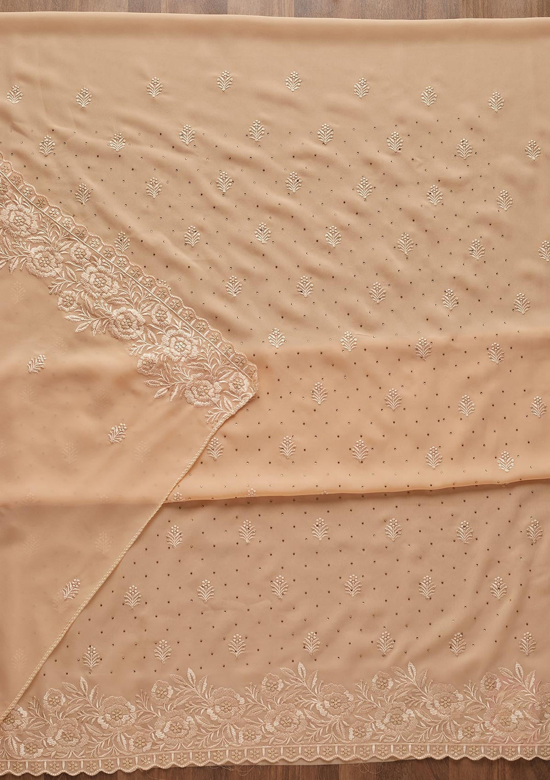 Peach Threadwork Georgette  Unstitched Salwar Suit - Koskii