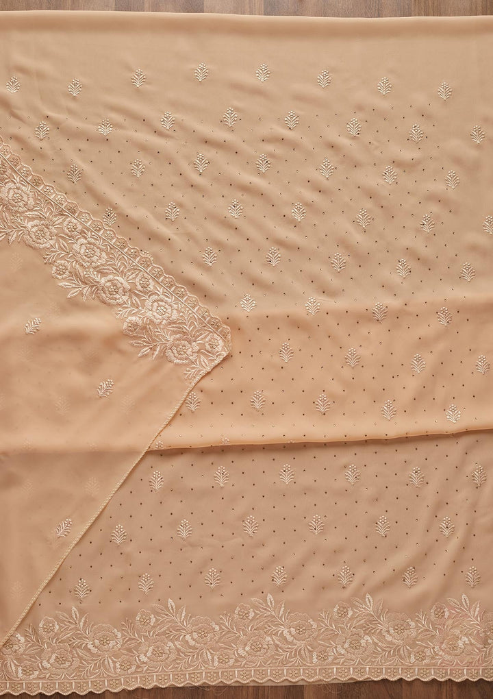Peach Threadwork Georgette  Unstitched Salwar Suit - Koskii