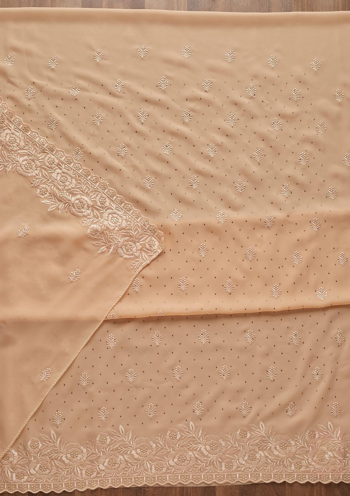 Peach Threadwork Georgette  Unstitched Salwar Suit - Koskii