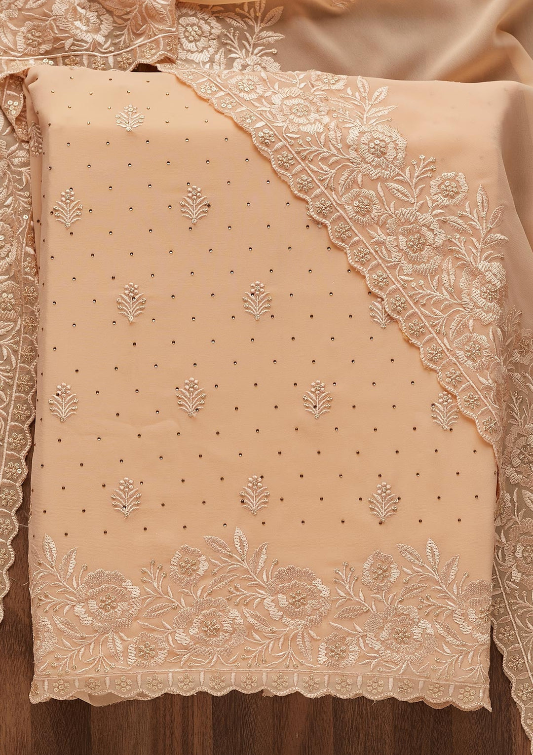 Peach Threadwork Georgette  Unstitched Salwar Suit - Koskii