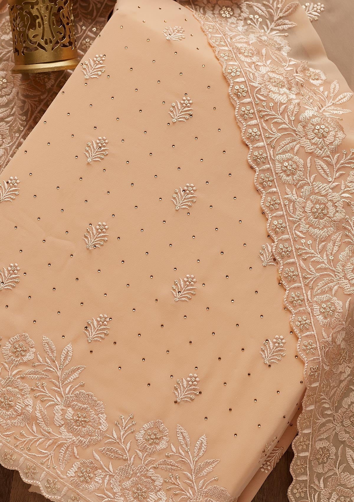 Peach Threadwork Georgette  Unstitched Salwar Suit - Koskii