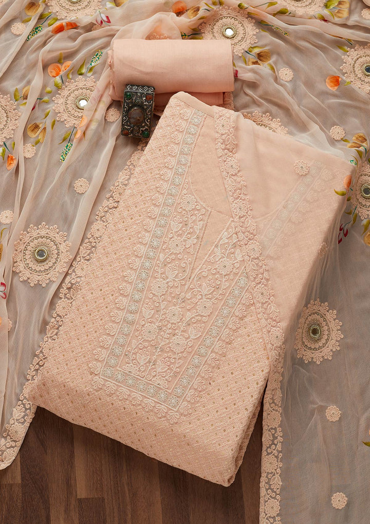 Peach Threadwork Georgette Unstitched Salwar Suit-Koskii