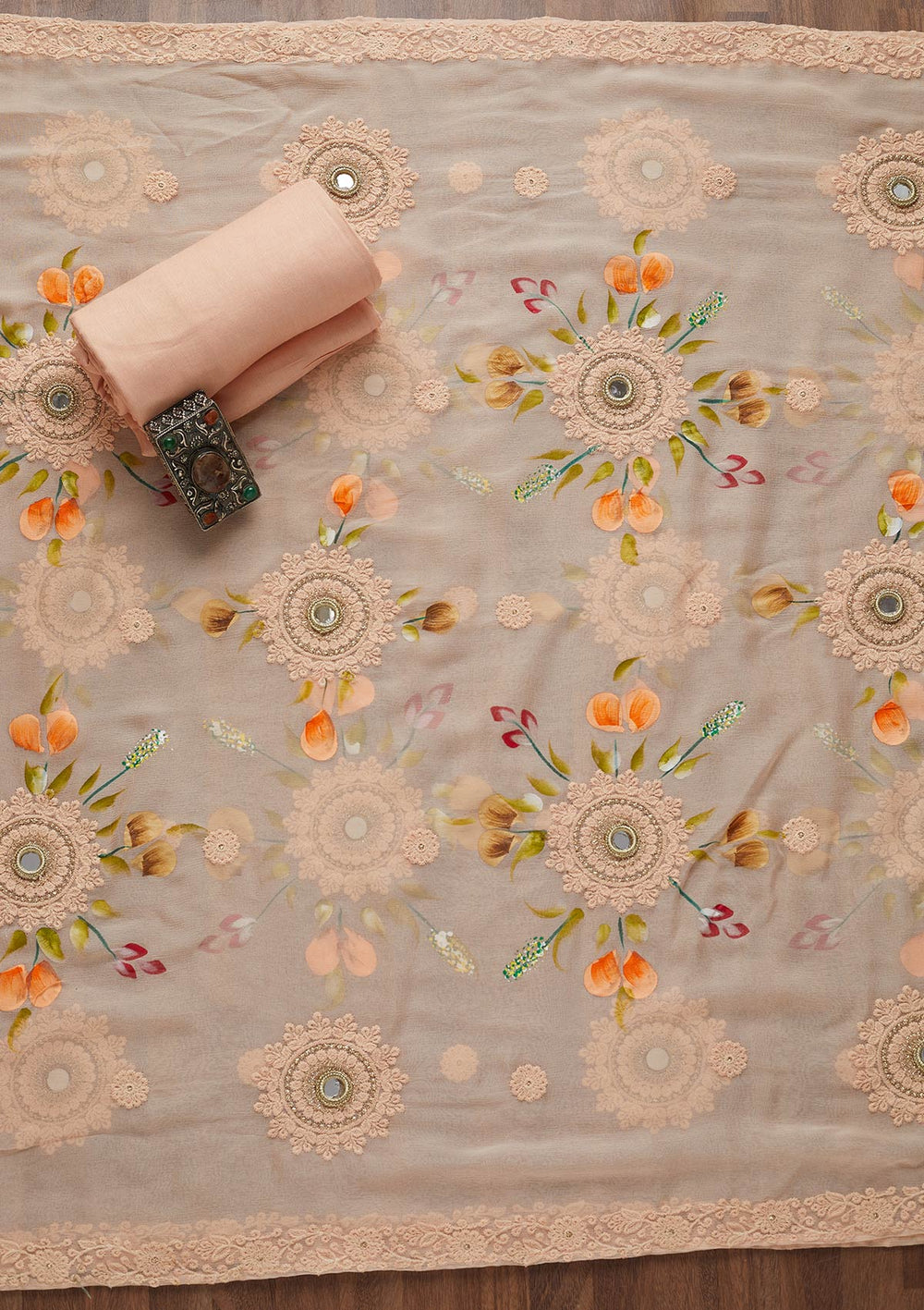 Peach Threadwork Georgette Unstitched Salwar Suit-Koskii
