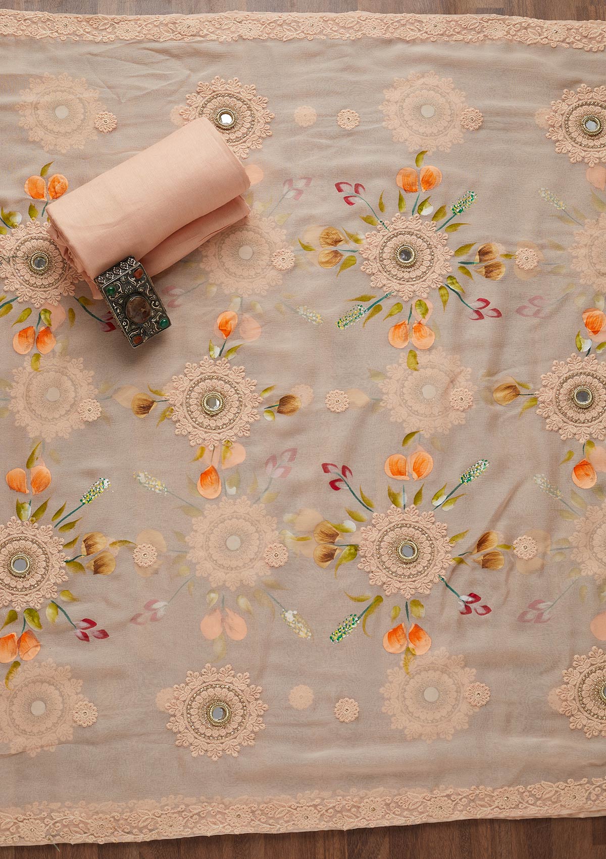 Peach Threadwork Georgette Unstitched Salwar Suit-Koskii