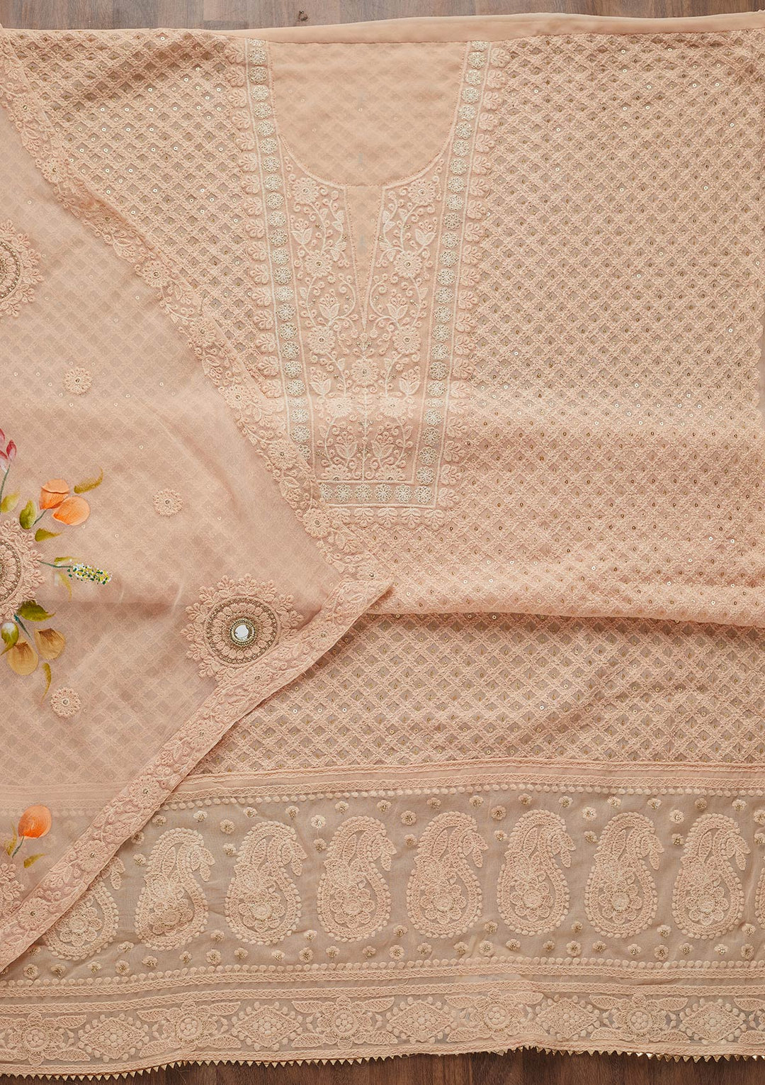 Peach Threadwork Georgette Unstitched Salwar Suit-Koskii