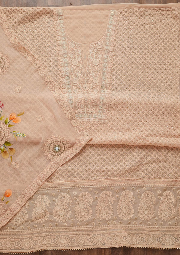 Peach Threadwork Georgette Unstitched Salwar Suit-Koskii