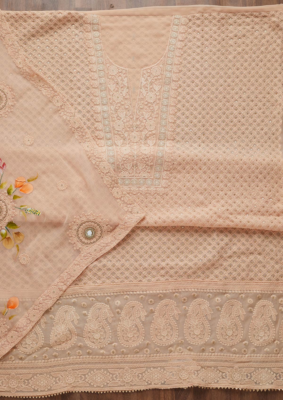 Peach Threadwork Georgette Unstitched Salwar Suit-Koskii