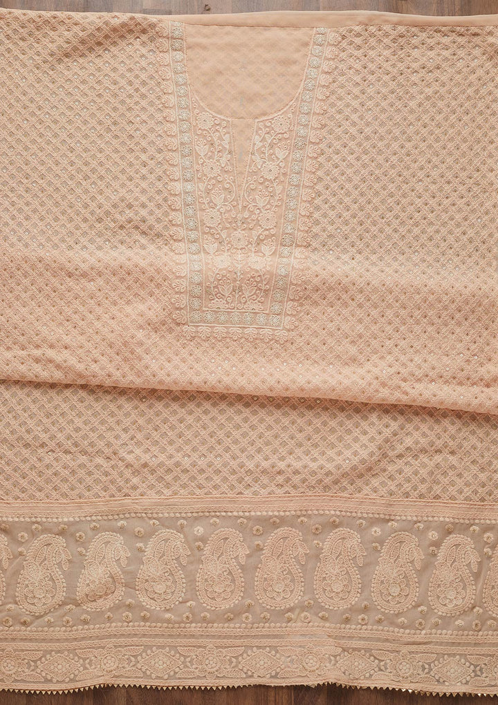 Peach Threadwork Georgette Unstitched Salwar Suit-Koskii