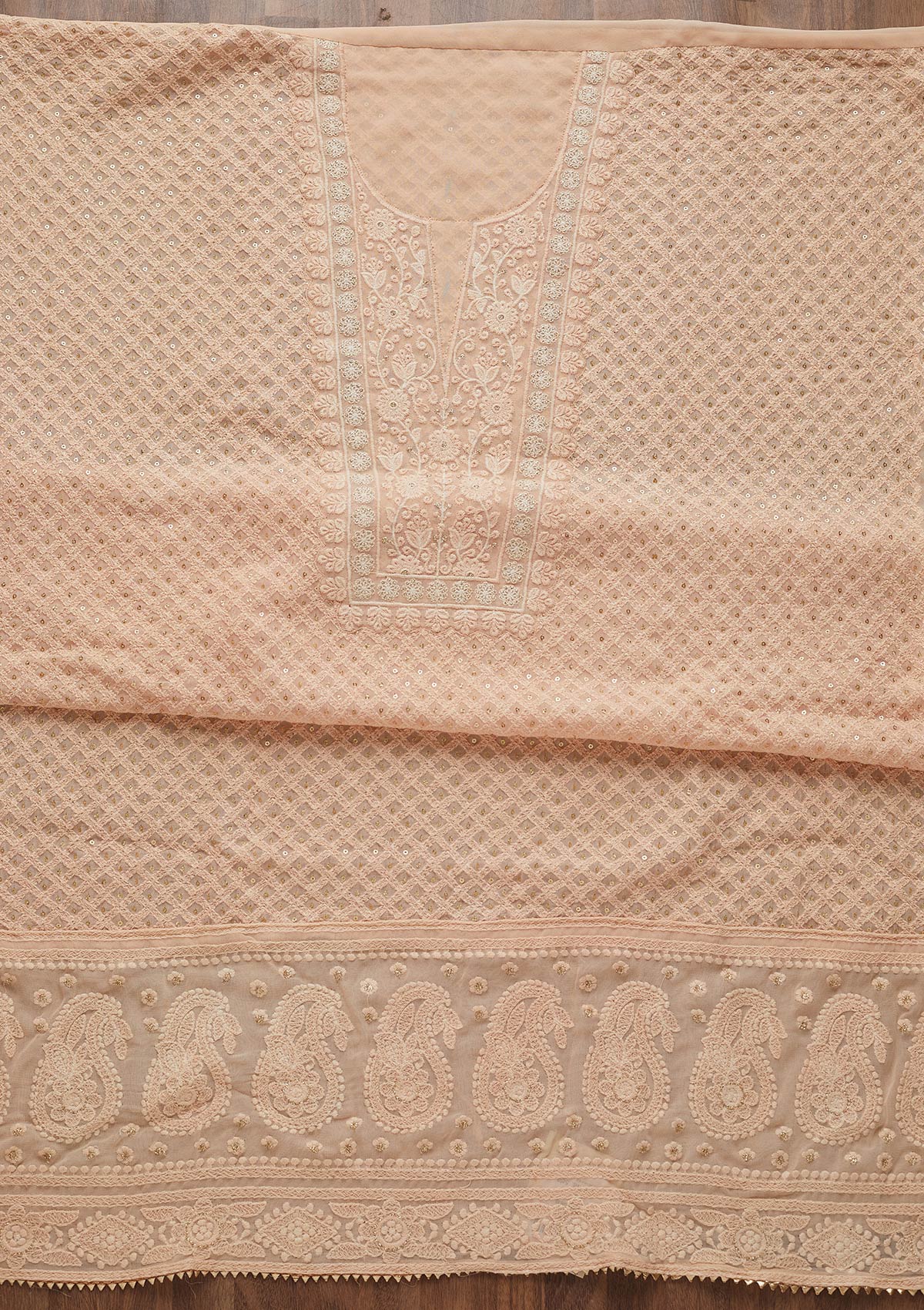 Peach Threadwork Georgette Unstitched Salwar Suit-Koskii