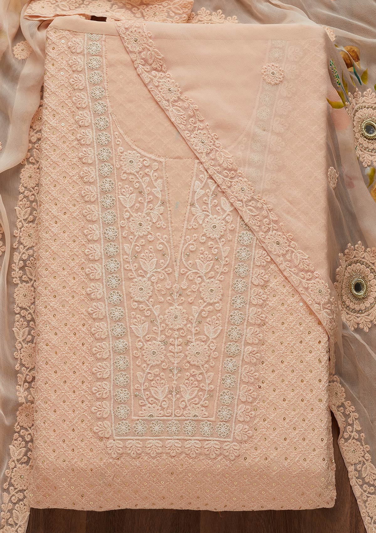 Peach Threadwork Georgette Unstitched Salwar Suit-Koskii