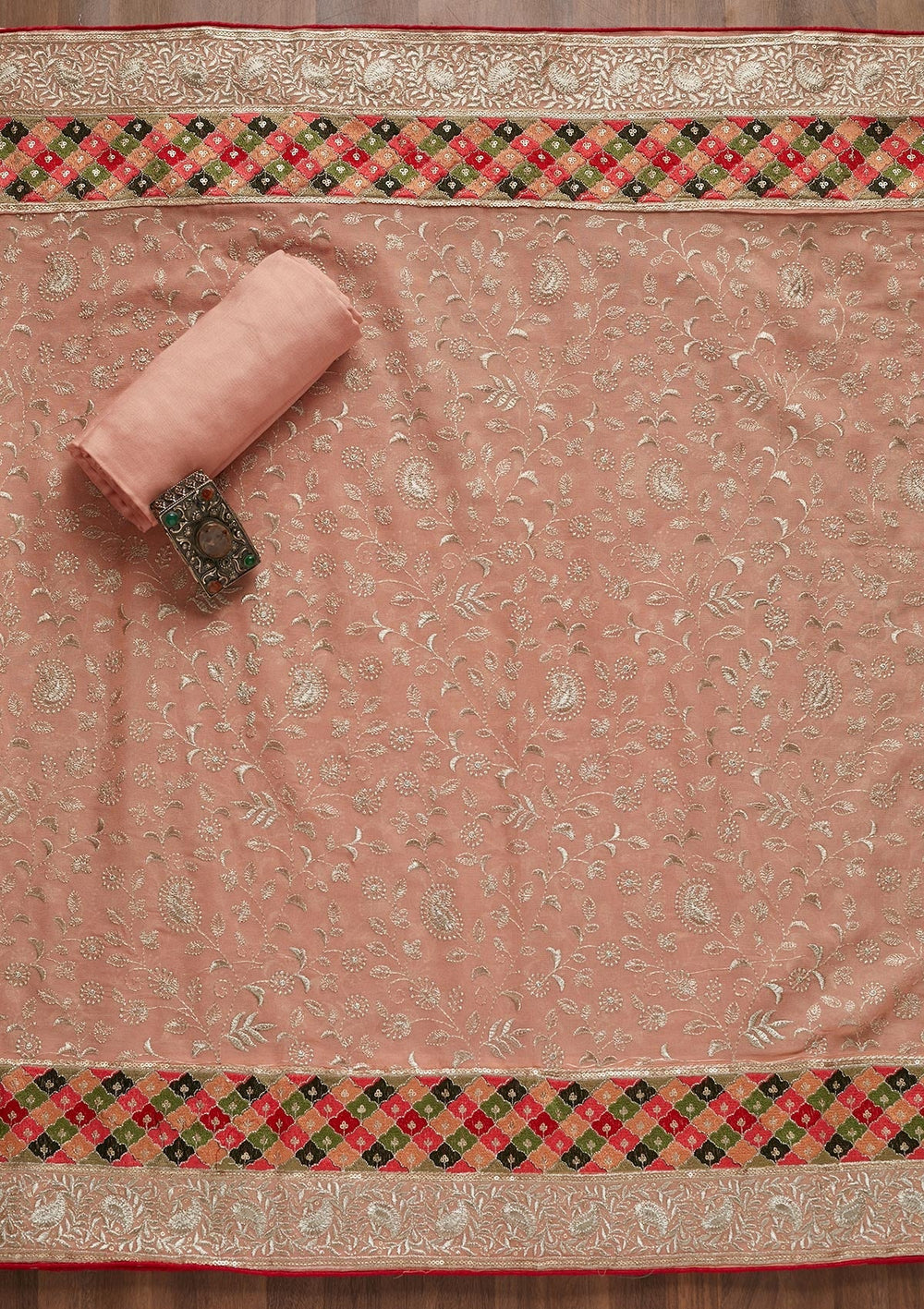 Peach Threadwork Georgette Unstitched Salwar Suit - Koskii