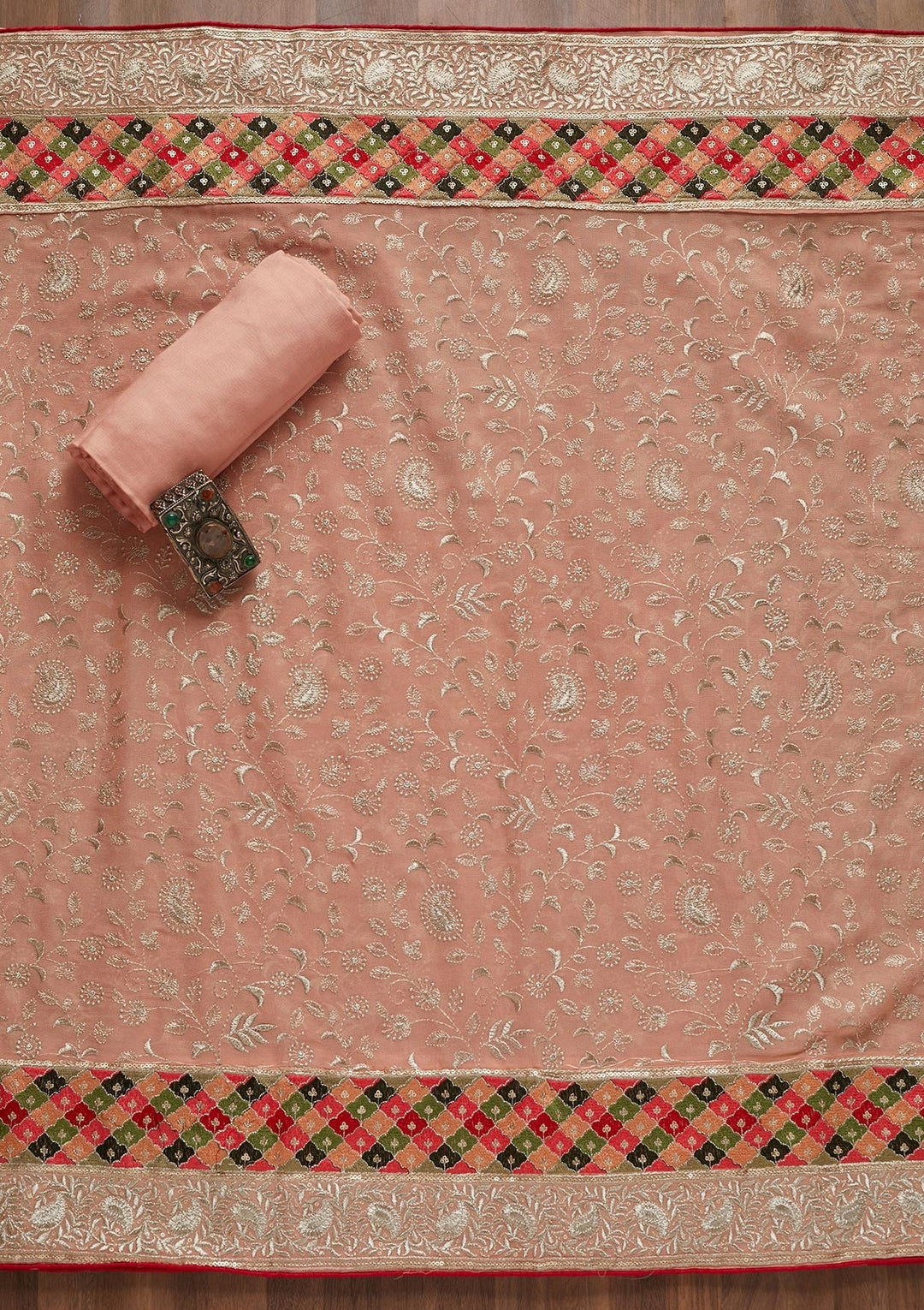 Peach Threadwork Georgette Unstitched Salwar Suit - Koskii