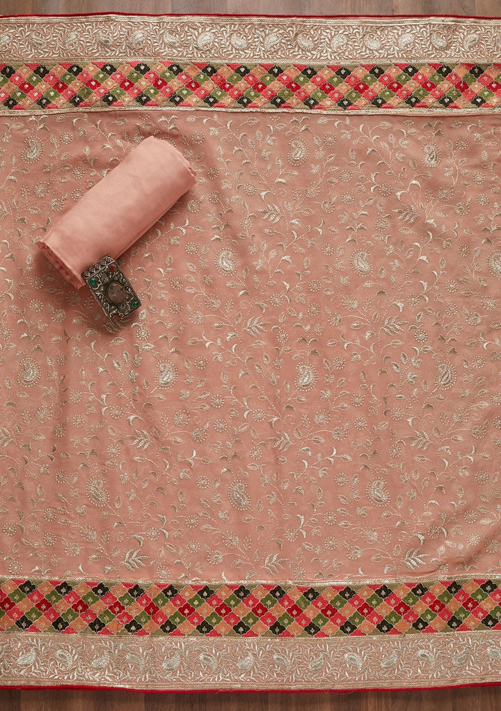 Peach Threadwork Georgette Unstitched Salwar Suit - Koskii