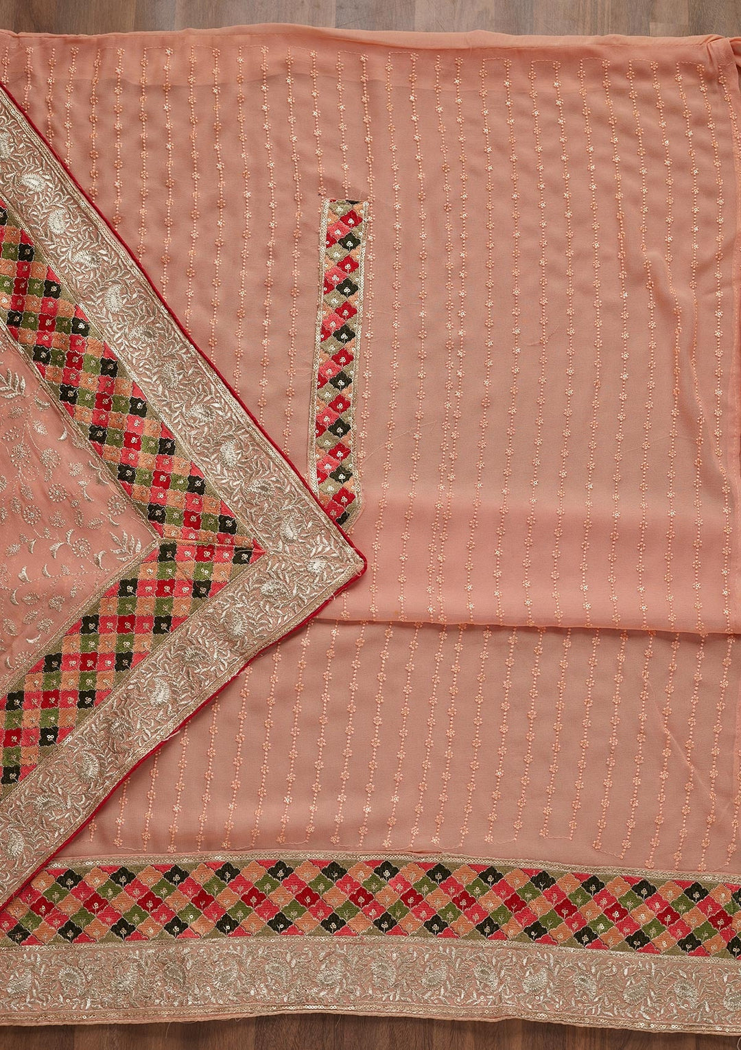 Peach Threadwork Georgette Unstitched Salwar Suit - Koskii