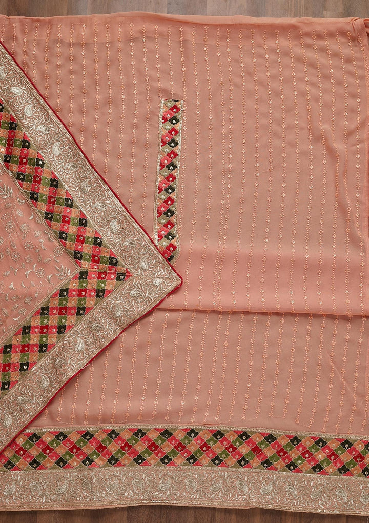 Peach Threadwork Georgette Unstitched Salwar Suit - Koskii