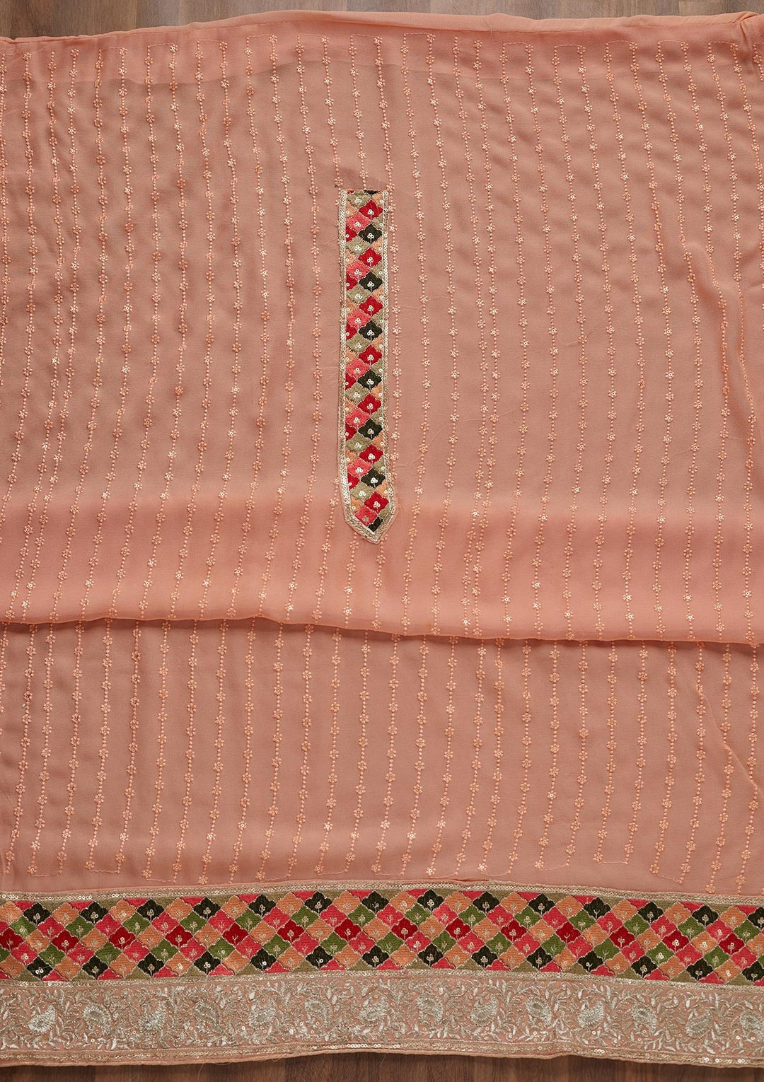 Peach Threadwork Georgette Unstitched Salwar Suit - Koskii