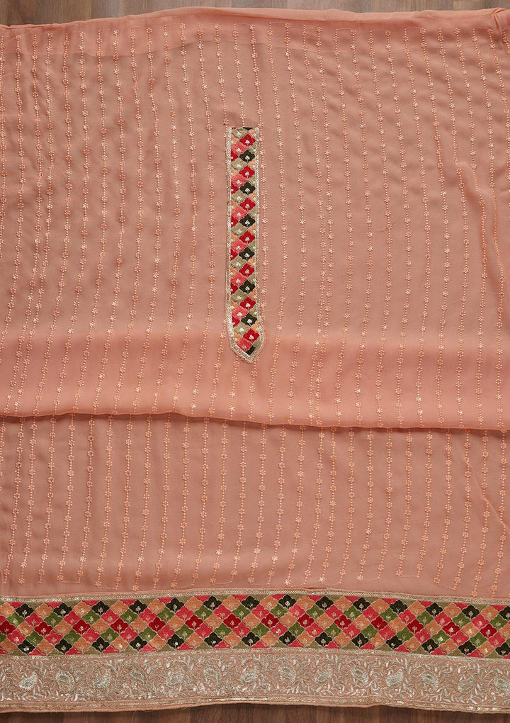 Peach Threadwork Georgette Unstitched Salwar Suit - Koskii