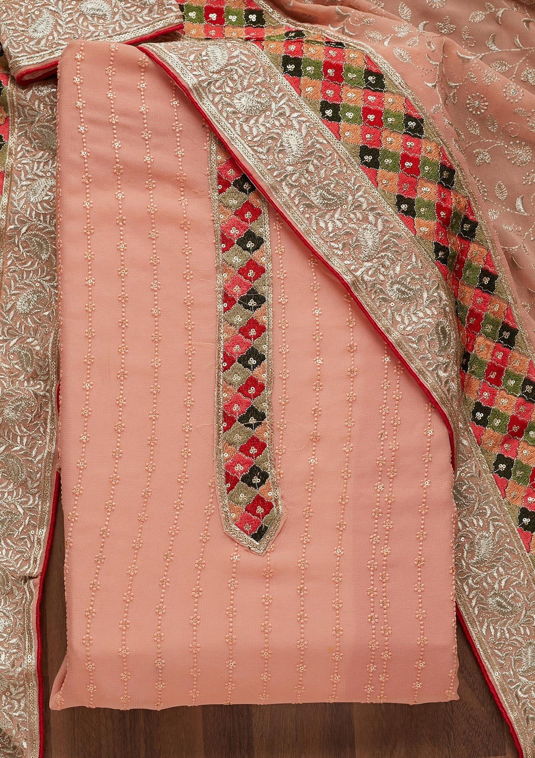 Peach Threadwork Georgette Unstitched Salwar Suit - Koskii