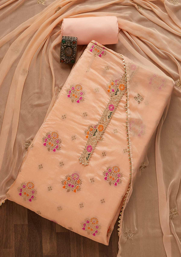 Peach Threadwork Georgette Unstitched Salwar Suit-Koskii