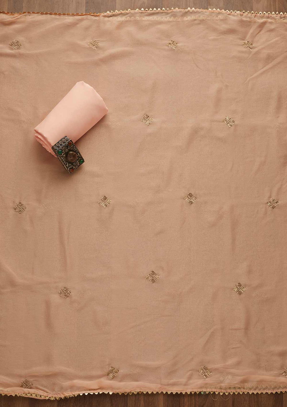 Peach Threadwork Georgette Unstitched Salwar Suit-Koskii