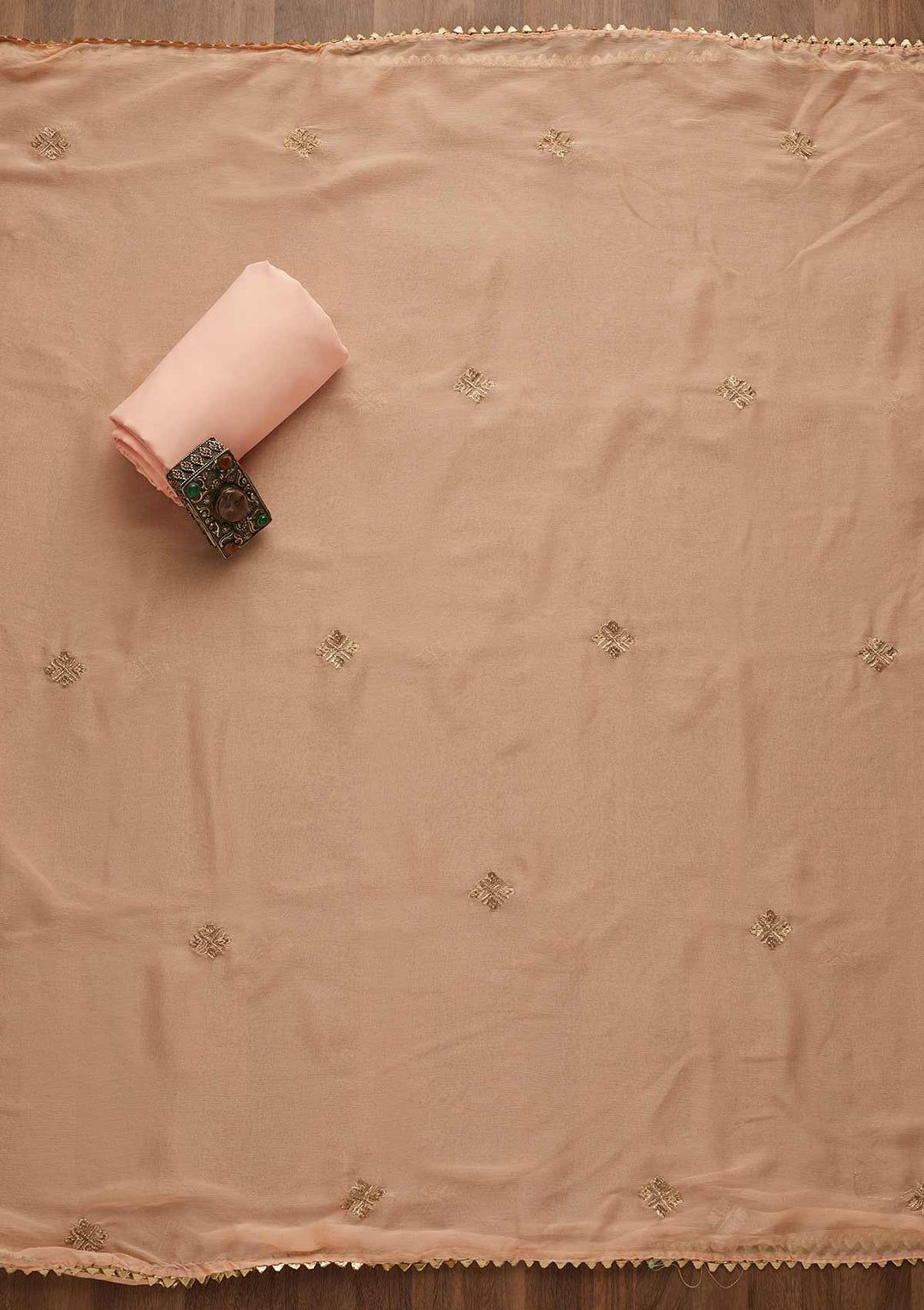 Peach Threadwork Georgette Unstitched Salwar Suit-Koskii