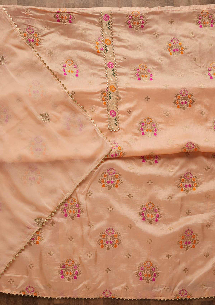 Peach Threadwork Georgette Unstitched Salwar Suit-Koskii