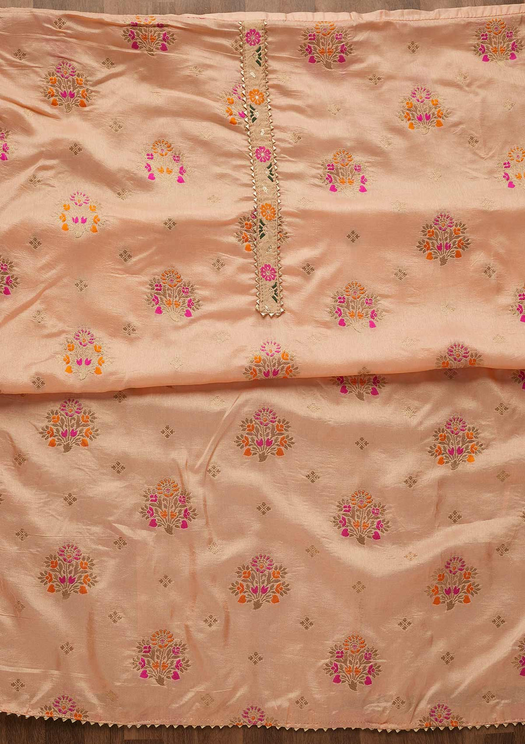 Peach Threadwork Georgette Unstitched Salwar Suit-Koskii