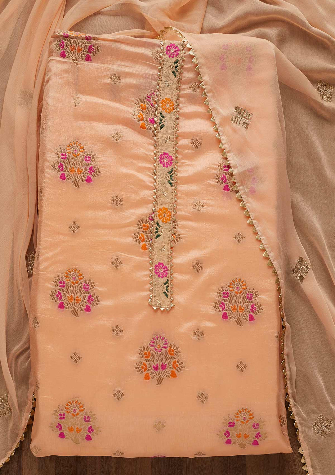 Peach Threadwork Georgette Unstitched Salwar Suit-Koskii