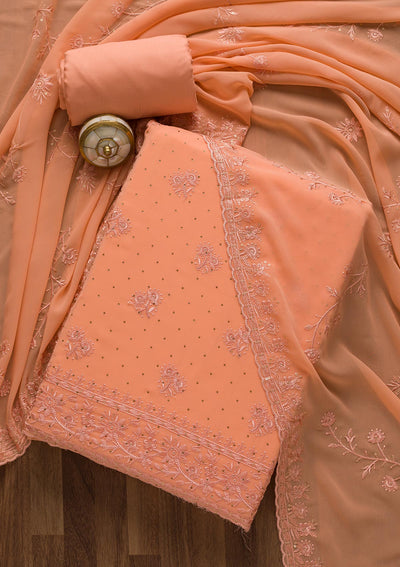 Peach Threadwork Georgette Unstitched Salwar Suit-Koskii