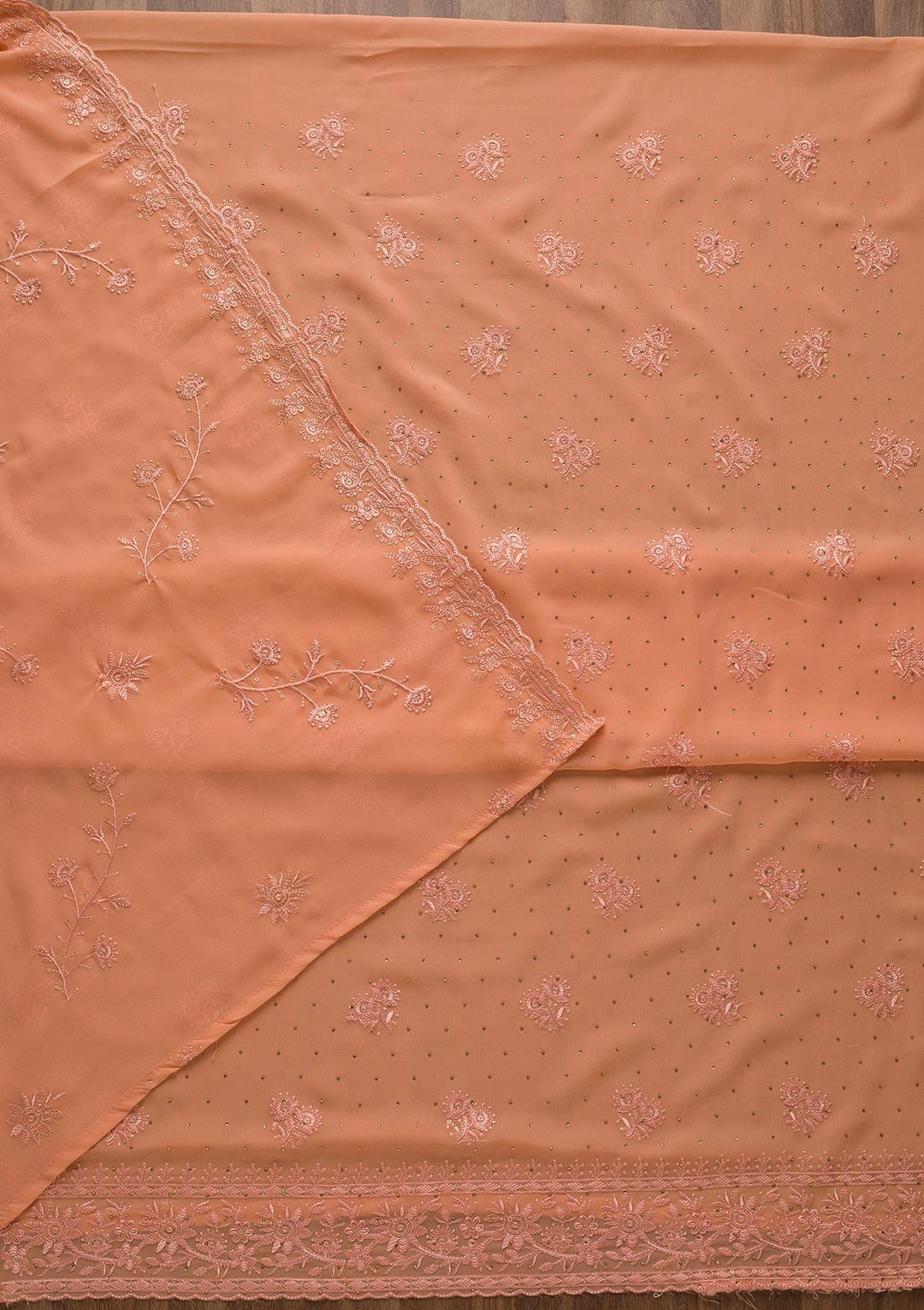 Peach Threadwork Georgette Unstitched Salwar Suit-Koskii