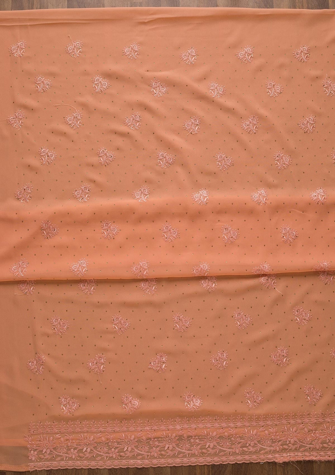 Peach Threadwork Georgette Unstitched Salwar Suit-Koskii