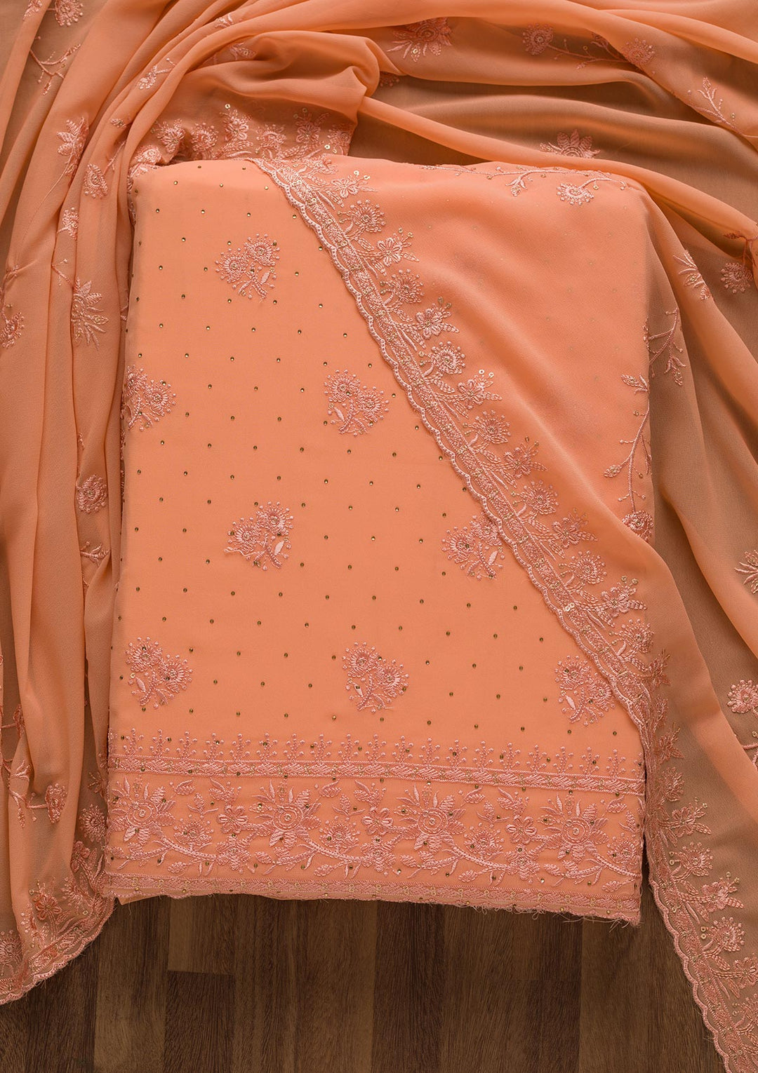 Peach Threadwork Georgette Unstitched Salwar Suit-Koskii