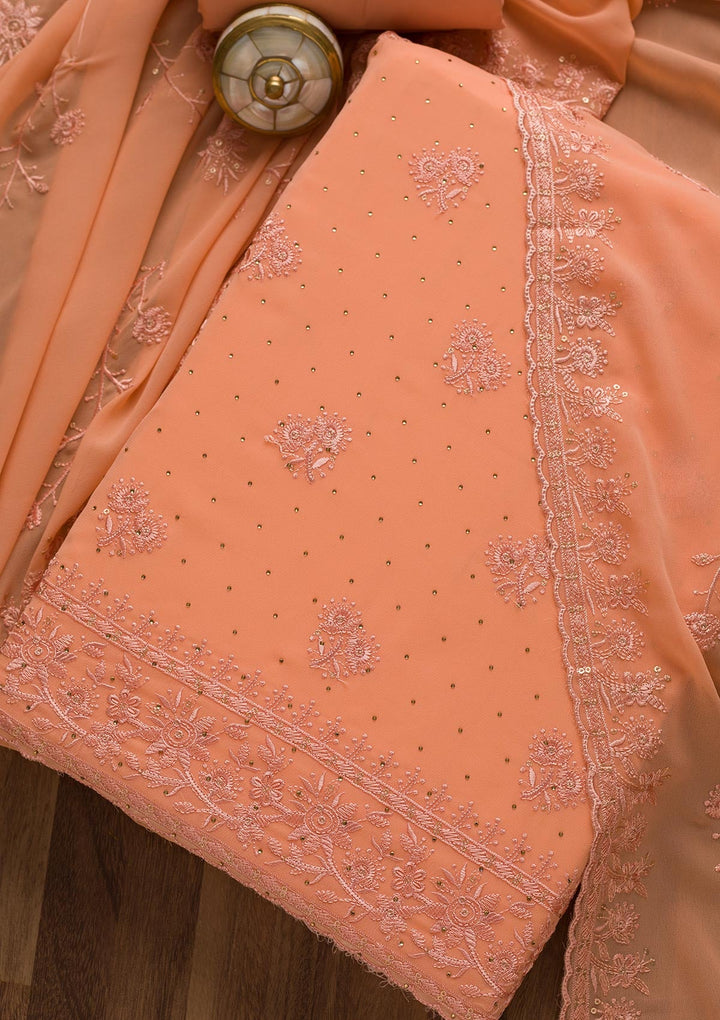 Peach Threadwork Georgette Unstitched Salwar Suit-Koskii