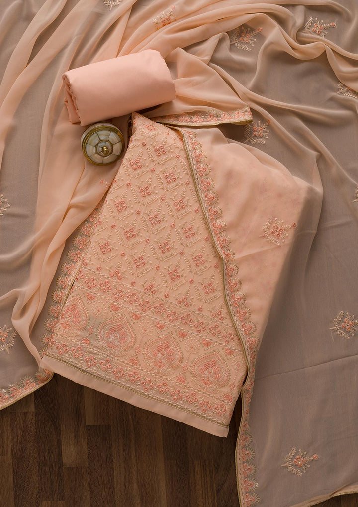 Peach Threadwork Georgette Unstitched Salwar Suit-Koskii