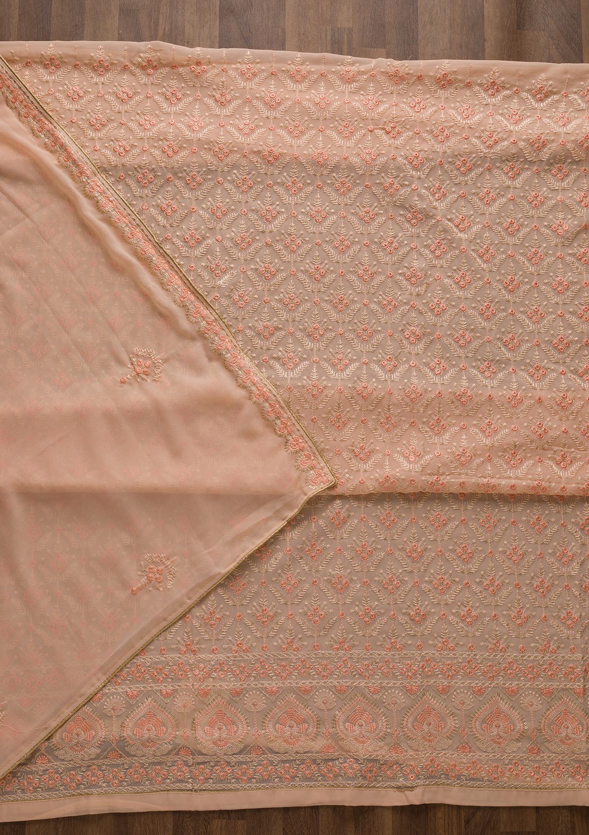 Peach Threadwork Georgette Unstitched Salwar Suit-Koskii