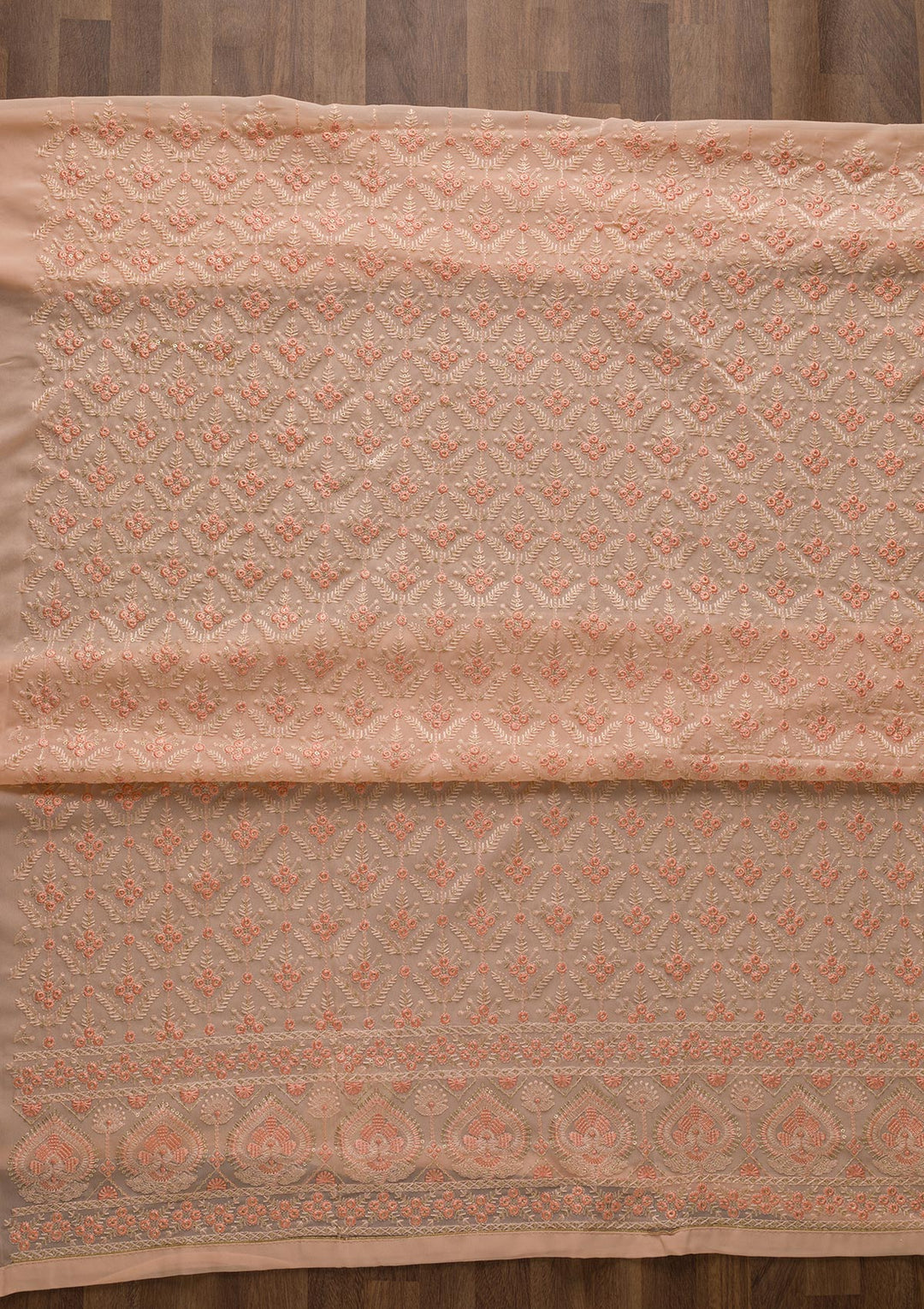 Peach Threadwork Georgette Unstitched Salwar Suit-Koskii