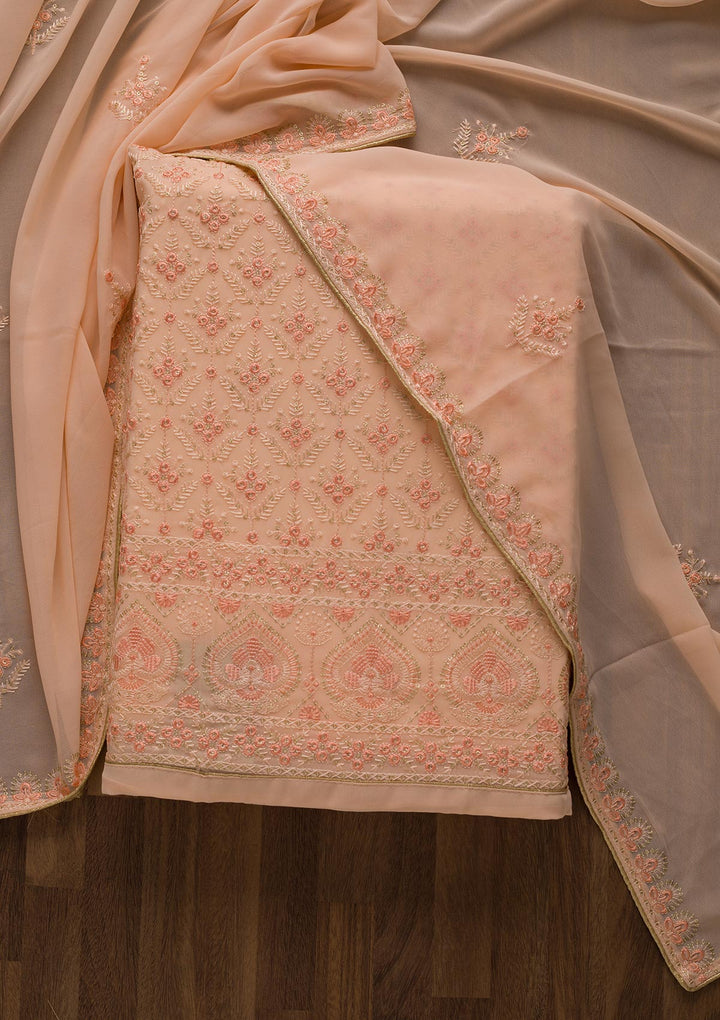 Peach Threadwork Georgette Unstitched Salwar Suit-Koskii
