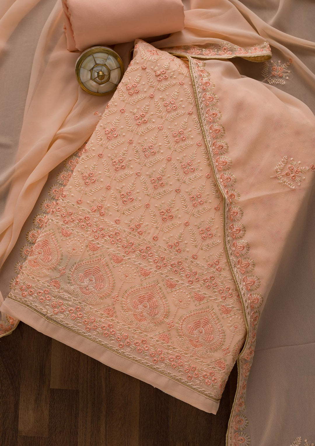 Peach Threadwork Georgette Unstitched Salwar Suit-Koskii