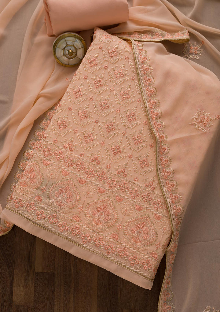 Peach Threadwork Georgette Unstitched Salwar Suit-Koskii