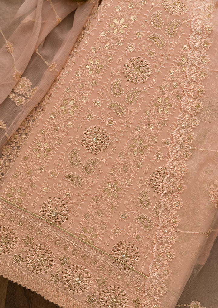 Peach Threadwork Georgette Unstitched Salwar Suit-Koskii