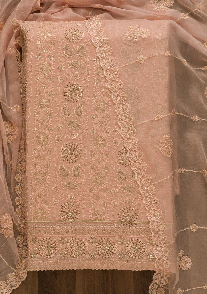Peach Threadwork Georgette Unstitched Salwar Suit-Koskii