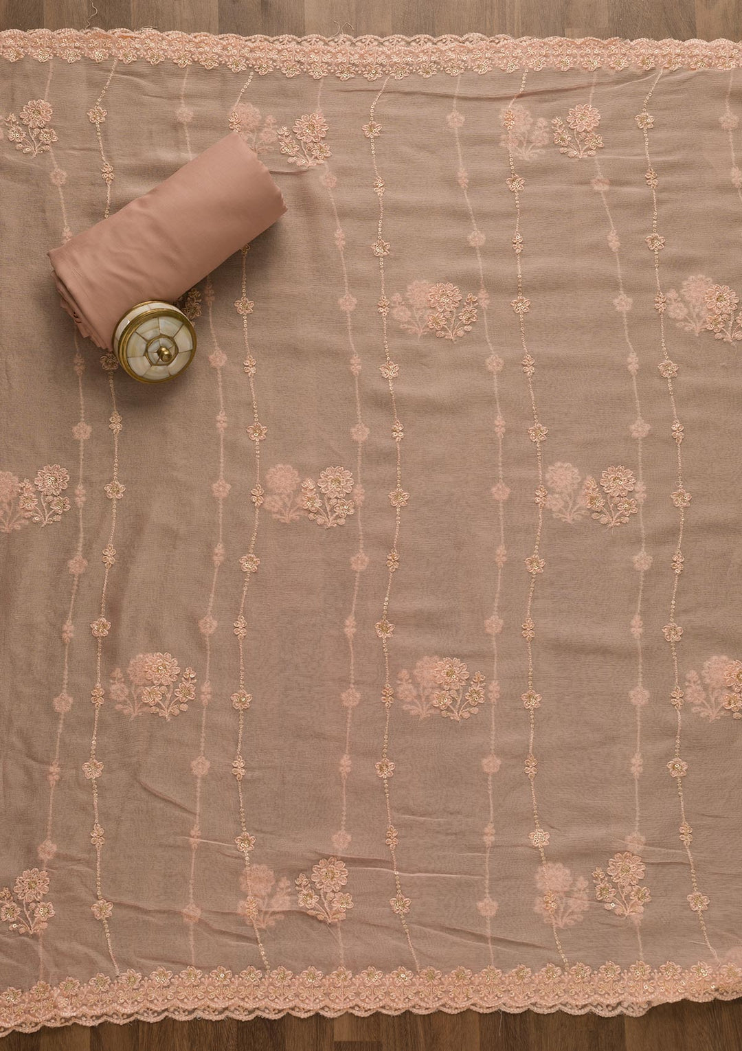 Peach Threadwork Georgette Unstitched Salwar Suit-Koskii