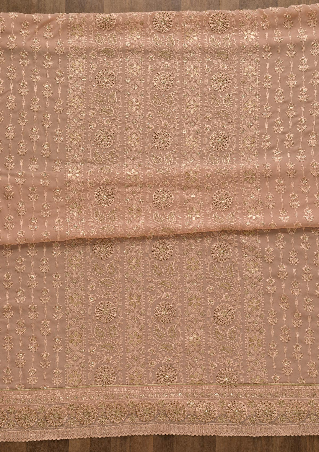 Peach Threadwork Georgette Unstitched Salwar Suit-Koskii