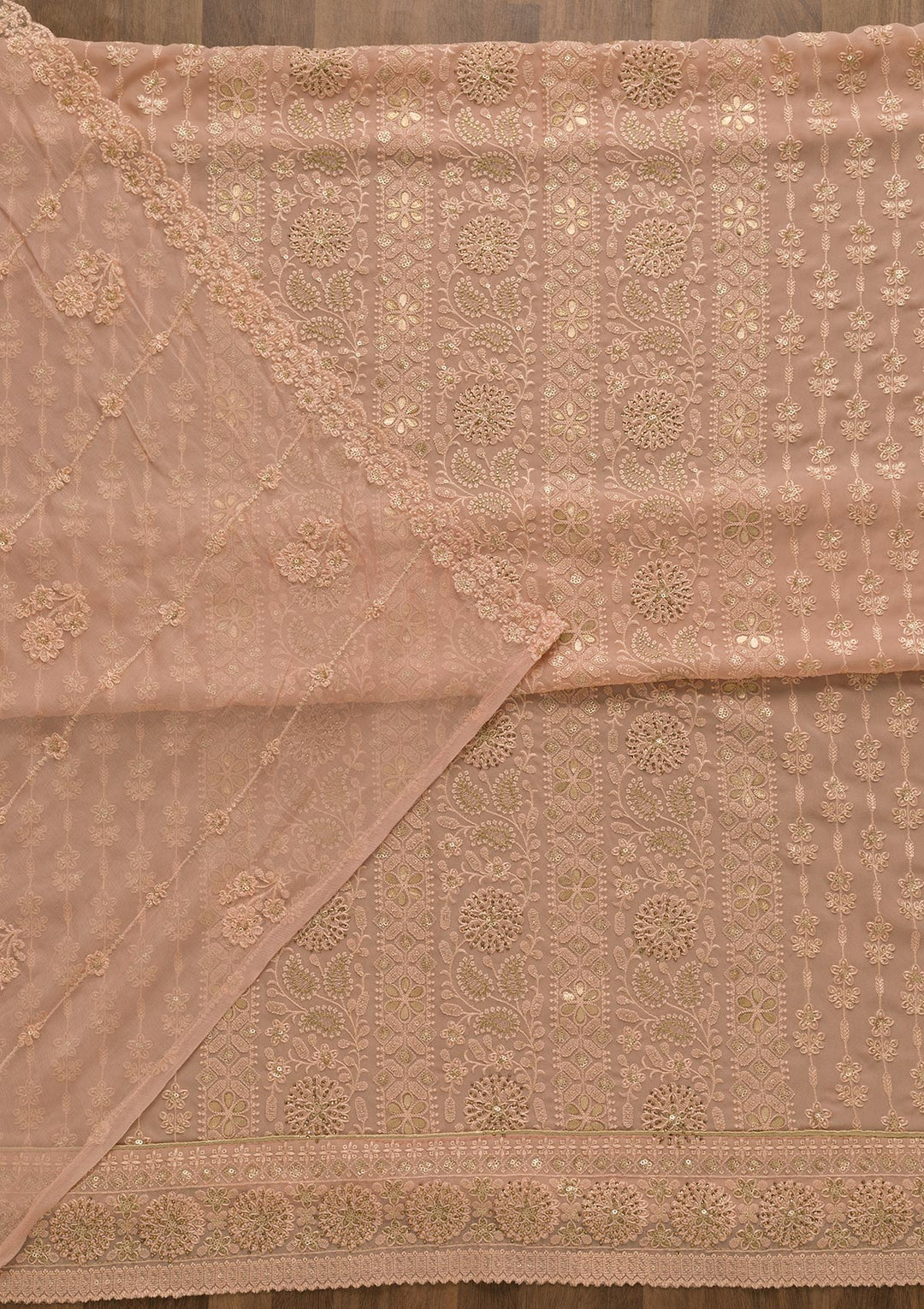 Peach Threadwork Georgette Unstitched Salwar Suit-Koskii