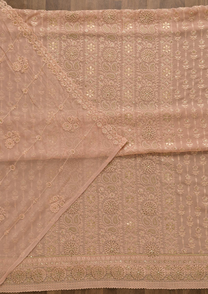 Peach Threadwork Georgette Unstitched Salwar Suit-Koskii