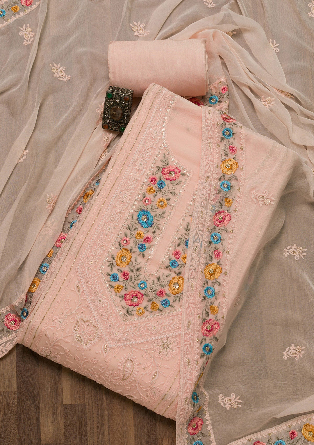 Peach Threadwork Georgette Unstitched Salwar Suit-Koskii