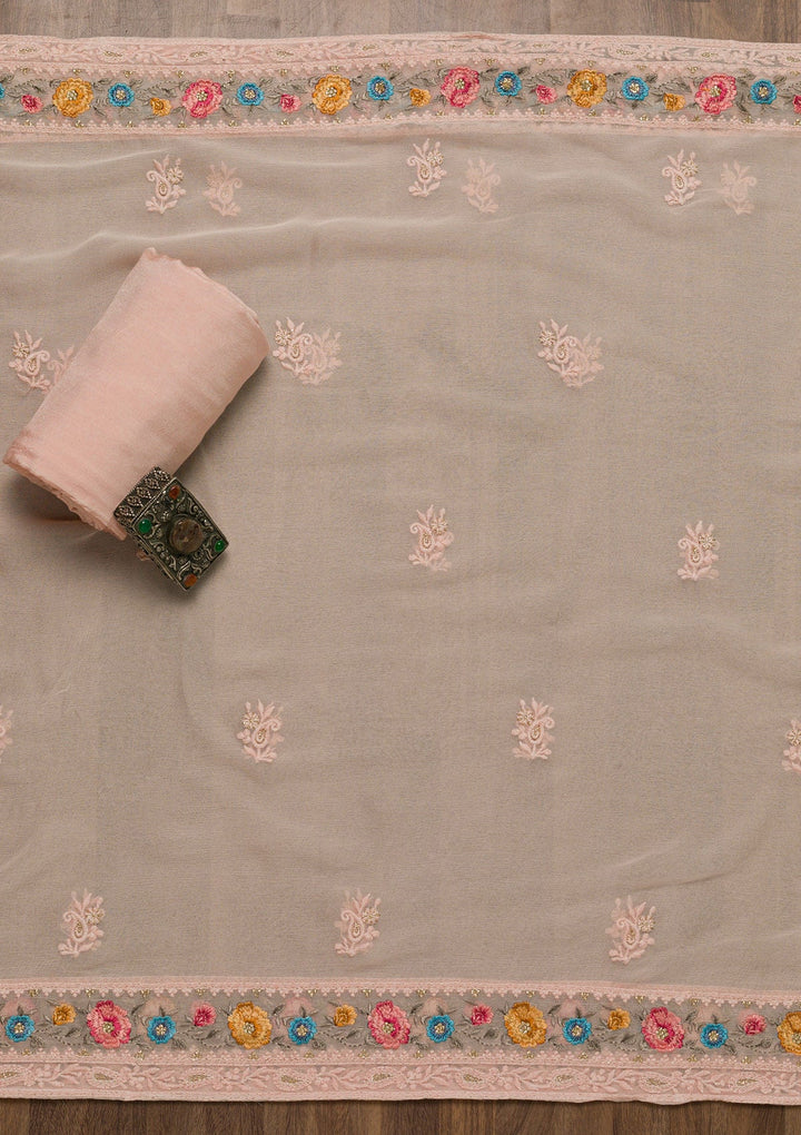 Peach Threadwork Georgette Unstitched Salwar Suit-Koskii