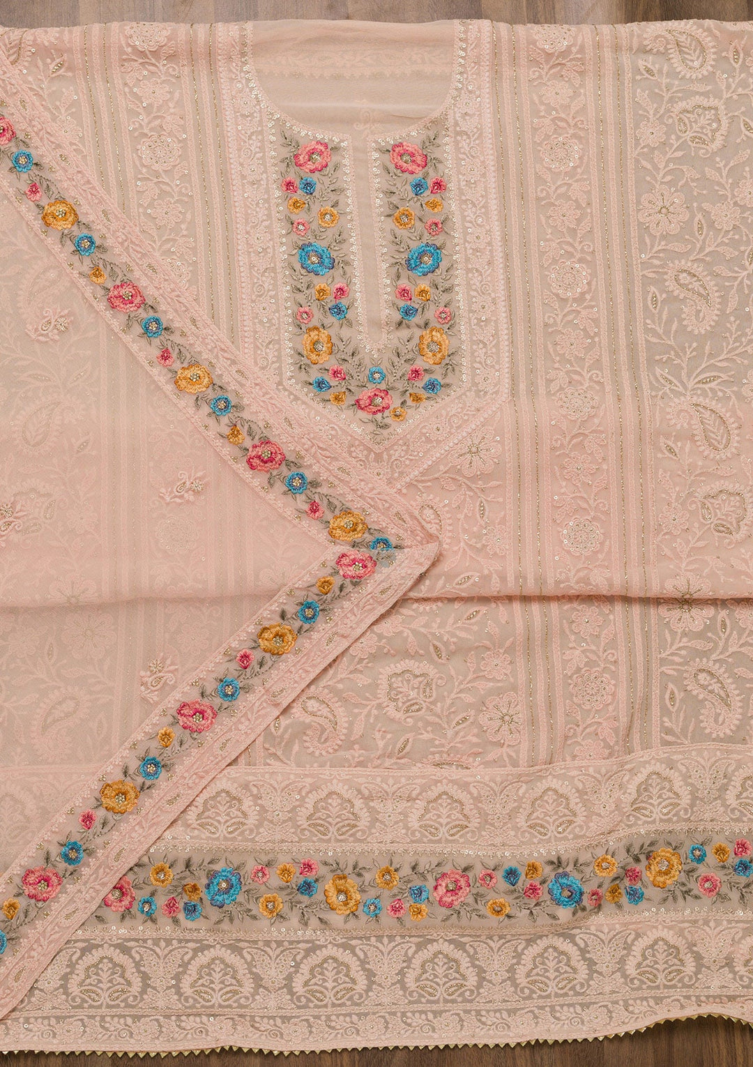 Peach Threadwork Georgette Unstitched Salwar Suit-Koskii