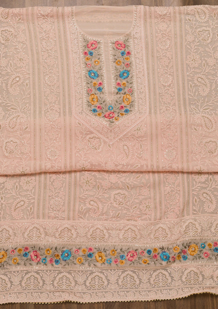 Peach Threadwork Georgette Unstitched Salwar Suit-Koskii